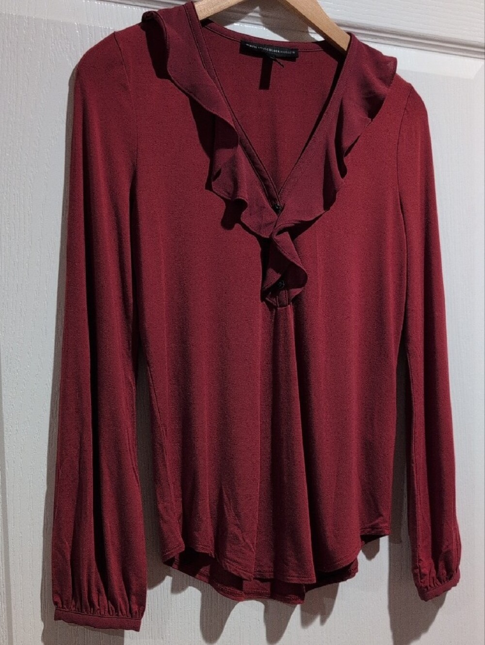 White House Black Market XS Burgundy/Rust/Wine Ruffle Front Long Sleeve Blouse